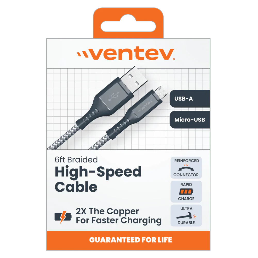 High Speed USB A to Micro USB Braided Cable with 2x the Copper for Faster Charging 6ft
